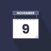 9th November calendar icon. November 9 calendar Date Month icon vector illustrator