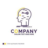 diseño del logotipo del nombre de la empresa para el cerebro. cortar a tajos. hackear. llave. mente. diseño de marca púrpura y amarillo con lugar para eslogan. plantilla de logotipo creativo para pequeñas y grandes empresas. vector