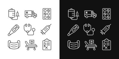 Medical equipment pixel perfect linear icons set for dark, light mode. Hospital services. Emergency and first aid. Thin line symbols for night, day theme. Isolated illustrations. Editable stroke vector