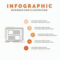 contenido. diseño. cuadro. página. plantilla de infografías de texto para sitio web y presentación. icono de línea gris con ilustración de vector de estilo infográfico naranja