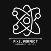 Atom structure pixel perfect white linear icon for dark theme. Smallest particle. Molecular structure. Thin line illustration. Isolated symbol for night mode. Editable stroke vector