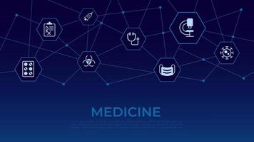 Medicine word concept design template with icons. Treatment, disease. Infographics with text and editable white glyph pictograms. Vector illustration for web banner, presentation
