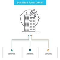 edificio. ciudad inteligente. tecnología. satélite. diseño de diagrama de flujo de negocios corporativos con 3 pasos. icono de línea para el lugar de plantilla de fondo de presentación para texto vector