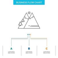 Mountains. Nature. Outdoor. Sun. Hiking Business Flow Chart Design with 3 Steps. Line Icon For Presentation Background Template Place for text vector