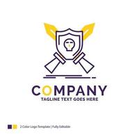 diseño del logotipo del nombre de la empresa para la insignia. emblema. juego. escudo. espadas diseño de marca púrpura y amarillo con lugar para eslogan. plantilla de logotipo creativo para pequeñas y grandes empresas. vector