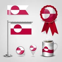 Greenland Country Flag place on Map Pin. Steel Pole and Ribbon Badge Banner vector