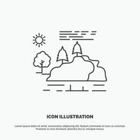 Cerro. paisaje. naturaleza. montaña. icono de lluvia símbolo gris vectorial de línea para ui y ux. sitio web o aplicación móvil vector