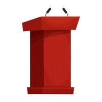 Wooden speech tribune, orator podium with microphone in cartoon style isolated on white background. Vector illustration