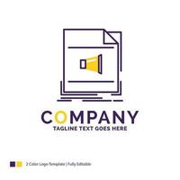 Company Name Logo Design For Audio. file. format. music. sound. Purple and yellow Brand Name Design with place for Tagline. Creative Logo template for Small and Large Business. vector