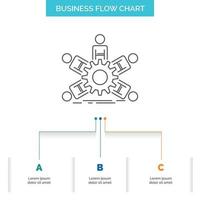 equipo. grupo. liderazgo. negocio. diseño de diagrama de flujo empresarial de trabajo en equipo con 3 pasos. icono de línea para el lugar de plantilla de fondo de presentación para texto vector