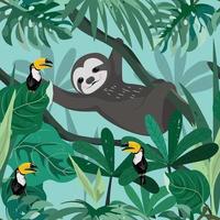 Cute sloth having fun in tropical forest seamless pattern vector