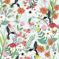 Beautiful blossom and humming bird seamless pattern vector