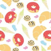 Seamless patter with sweet and deserts donut, croissant, ice cream, candy and cream. Vector illustration.