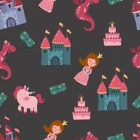 Seamless pattern with princess, castle, dragon and unicorn. Design for fabric, textile, wallpaper, packaging. vector