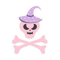 Skull in a halloween hat with crossed bones in pastel pink colors. vector