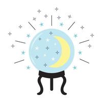 Magic crystal ball with crescent moon and stars. Prediction of the future, invisible energy. Halloween witch attribute. vector