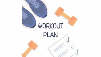 Animated muscle gain scene with text. Workout with dumbbells planning. Build mass. Flat top view HD video footage with alpha channel. Color cartoon style illustration animation