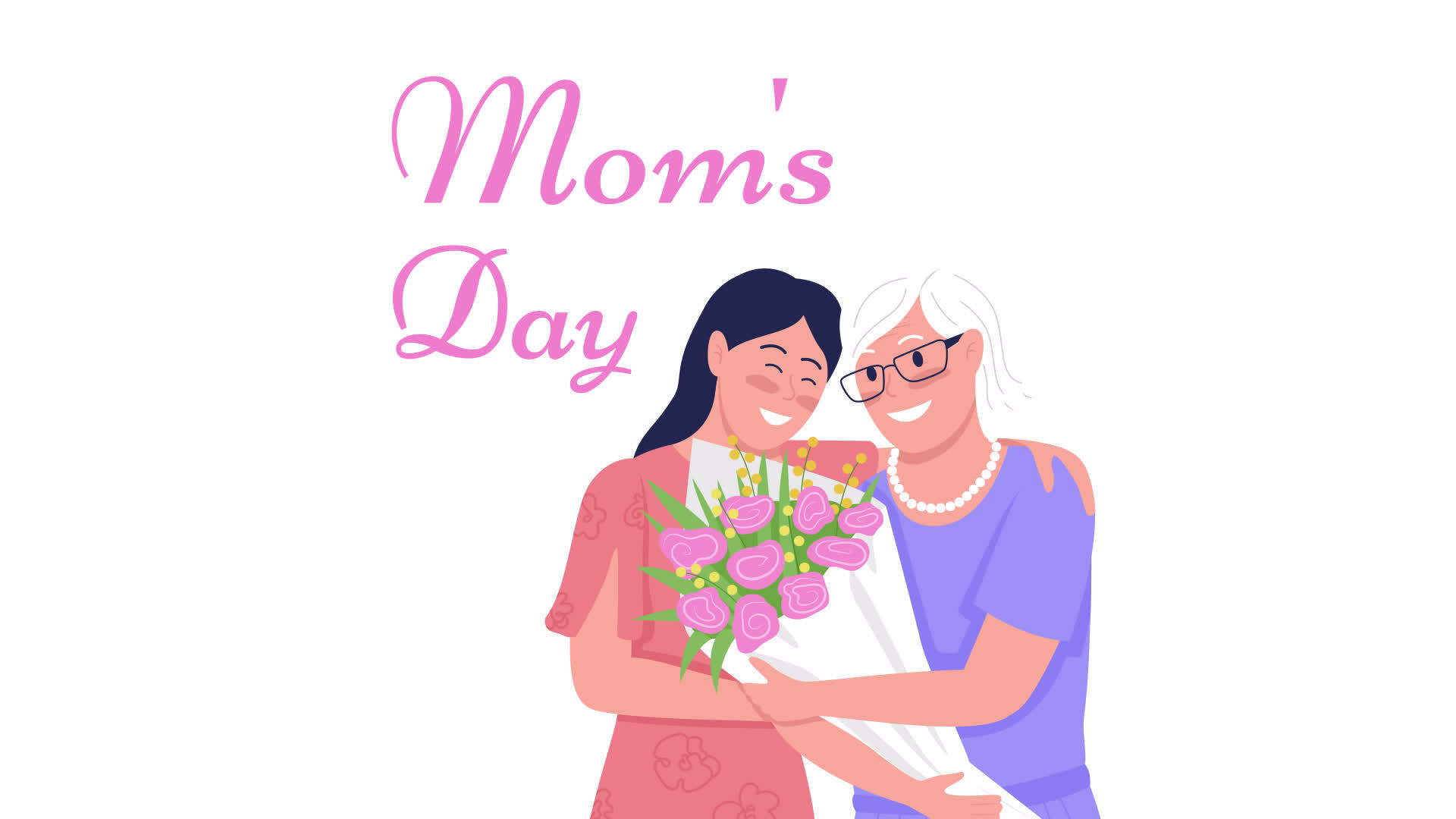 Animated happy characters with text. Honoring mother everyday. Mom day