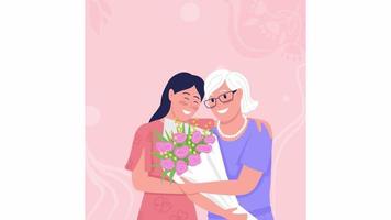Animated isolated hugging mom. Making mother happy and proud. Surprise with bouquet. Looped flat 2D character HD video footage with alpha channel. Colorful animation for mobile, website, social media