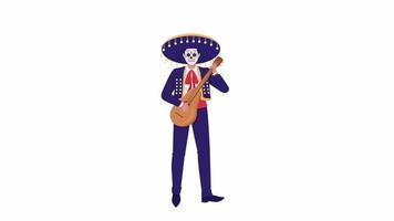 Animated guitarist character. Full body flat person. HD video footage with alpha channel. Day of dead musician color cartoon style illustration on transparent background for animation