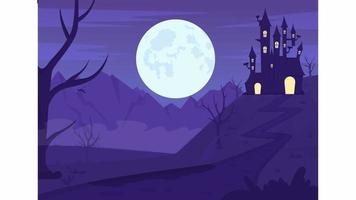 Animated haunted house illustration. Spooky mansion on hill. Full moon night. Looped flat color 2D cartoon landscape animation video in HD with flying bats on transparent background