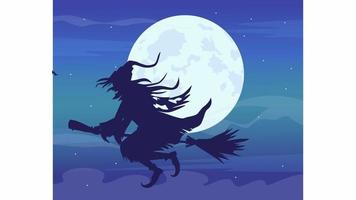Animated witch on broom illustration. Wicked hex. Witchcraft. Evil creature. Magic flight. Looped flat color 2D cartoon character animation video in HD with full moon on transparent background