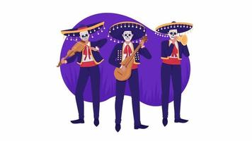 trío musical aislado animado. caracteres 2d planos en bucle. secuencias de video hd con canal alfa. animación colorida de los artistas del día de los muertos en un fondo transparente para el sitio web, las redes sociales