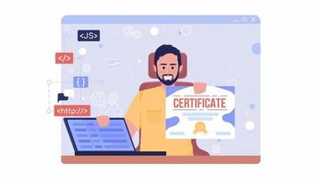 Animated isolated course certificate. Learn programming. Looped flat 2D character HD video footage with alpha channel. Colorful animation on transparent background for website, social media