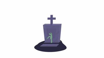 Animated gravestone object. Full sized flat item. HD video footage with alpha channel. Monster raised from grave color cartoon style illustration on transparent background for animation