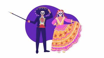 Animated isolated couple in costumes. Looped flat 2D characters. HD video footage with alpha channel. Day of dead colorful animation on transparent background for website, social media