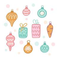 Set of Christmas tree toys with gifts, vector illustration in flat style, decor for postcards, posters