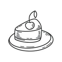 Piece of cake with cherries on plate sketch vector