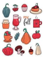 Fall stickers set in cartoon style. Autumn aesthetics hand drawn collection. Print and cut illustrations to decorate your diary and notes. Bundle of stickers isolated vector illustration