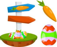 Celebration of Easter. Set of Colored painted eggs and carrot. Christian holiday. Element of child game. Cartoon flat illustration. Plate for finding objects. Sign pointer to route vector