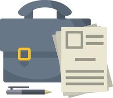 Vector Suitcase and sheet of paper. Business icon. Grey case and pen. Cartoon flat illustration. Paper file and bag