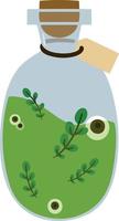 Magic potion bottle. Flat. Potion with eyes and plant leaves. Vector illustration isolated on white background. Design element for games interface posters brochures