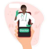 Hand holding smartphone with doctor on the screen. vector