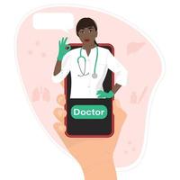 Hand holding smartphone with doctor on the screen. vector