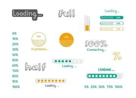 Progress loading bar, set of doodle icons. Hand-drawn sketch vector