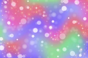 Rainbow unicorn background. Pastel gradient color sky with glitter and bokeh. Magic galaxy space and stars. Vector abstract pattern.