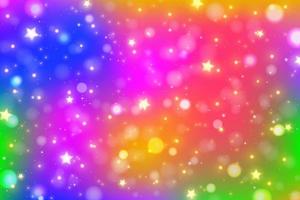 fondo de fantasía del arco iris. cielo multicolor brillante con estrellas, bokeh y destellos. ilustración ondulada holográfica. vector. vector