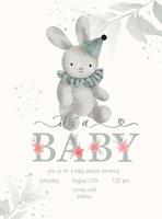 Its a Baby. Baby Shower lettering invitation template with watercolor plush toy and green leaf. vector