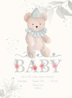 Its a Baby. Baby Shower lettering invitation template with watercolor plush toy and green leaf. vector