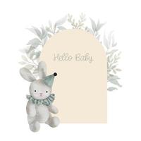 Watercolor arch baby shower card with green leaves and plush toy bunny. Hand drawn clipart. Perfect for card, postcard, tag, invitation, printing, wrapping.