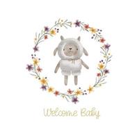 Watercolor welcome baby card with green leaves wreath, plush toy sheep. Isolated on white background. Hand drawn clipart. Perfect for card, postcard, tag, invitation, printing, wrapping. vector
