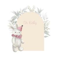 Watercolor arch baby shower card with green leaves and plush toy bunny. Hand drawn clipart. Perfect for card, postcard, tag, invitation, printing, wrapping. vector