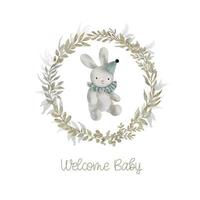Watercolor welcome baby card with green leaves wreath, plush toy bunny. Isolated on white background. Hand drawn clipart. Perfect for card, postcard, tag, invitation, printing, wrapping.