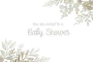 Watercolor baby shower card with green flowers frame. Isolated on white background. Hand drawn clipart. Perfect for card, postcard, tag, invitation, printing, wrapping. vector