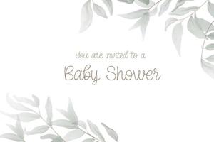 Watercolor baby shower card with green flowers frame. Isolated on white background. Hand drawn clipart. Perfect for card, postcard, tag, invitation, printing, wrapping. vector