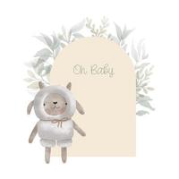 Watercolor arch baby shower card with green leaves and plush toy sheep. Hand drawn clipart. Perfect for card, postcard, tag, invitation, printing, wrapping. vector